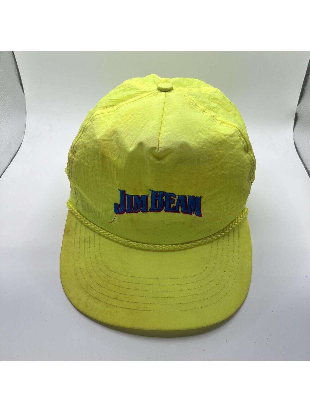 Vintage 90s Jim Beam Whiskey Promo Rope SnapBack Neon Yellow Trucker Hat Cap